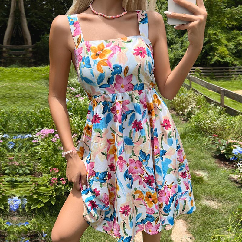 Bold Floral Square Neck Sundress - White - 2