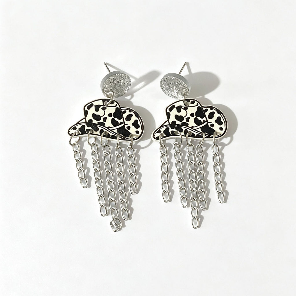 Cowboy Hat Chain Fringe Dangle Earrings - Black