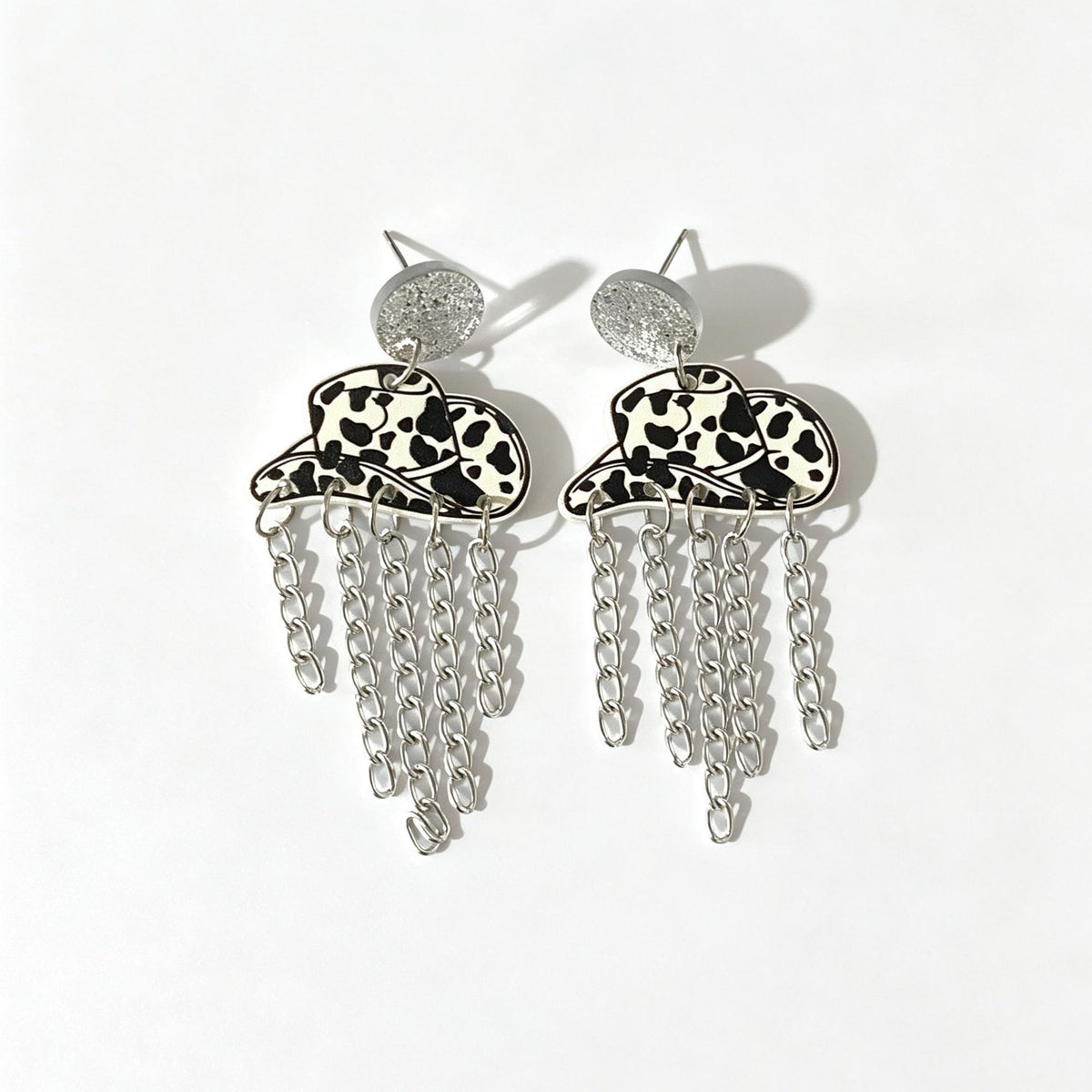 Cowboy Hat Chain Fringe Dangle Earrings - Black