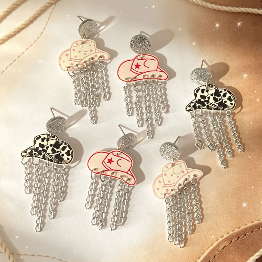 Cowboy Hat Chain Fringe Dangle Earrings - Pink