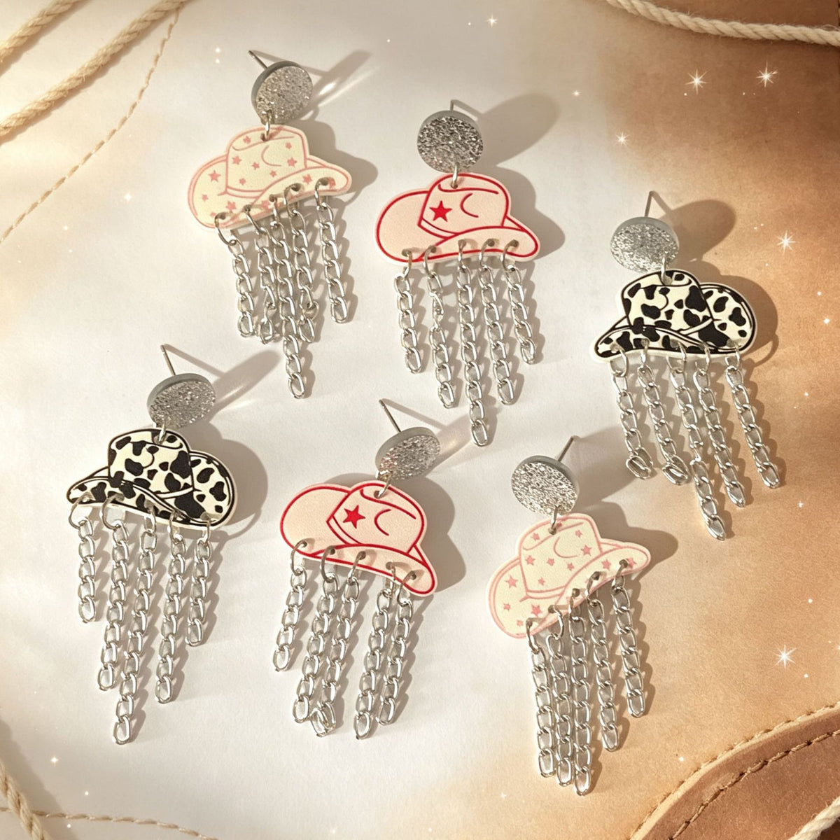 Cowboy Hat Chain Fringe Dangle Earrings - Pink