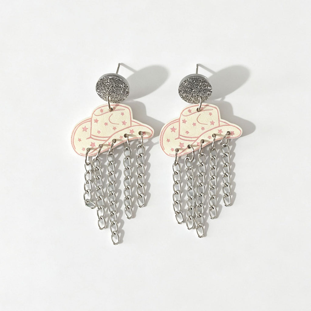 Cowboy Hat Chain Fringe Dangle Earrings - Pink - 1