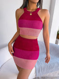 Ombre Stripe Ribbed Knit Two Piece Skirt Set - Pink
