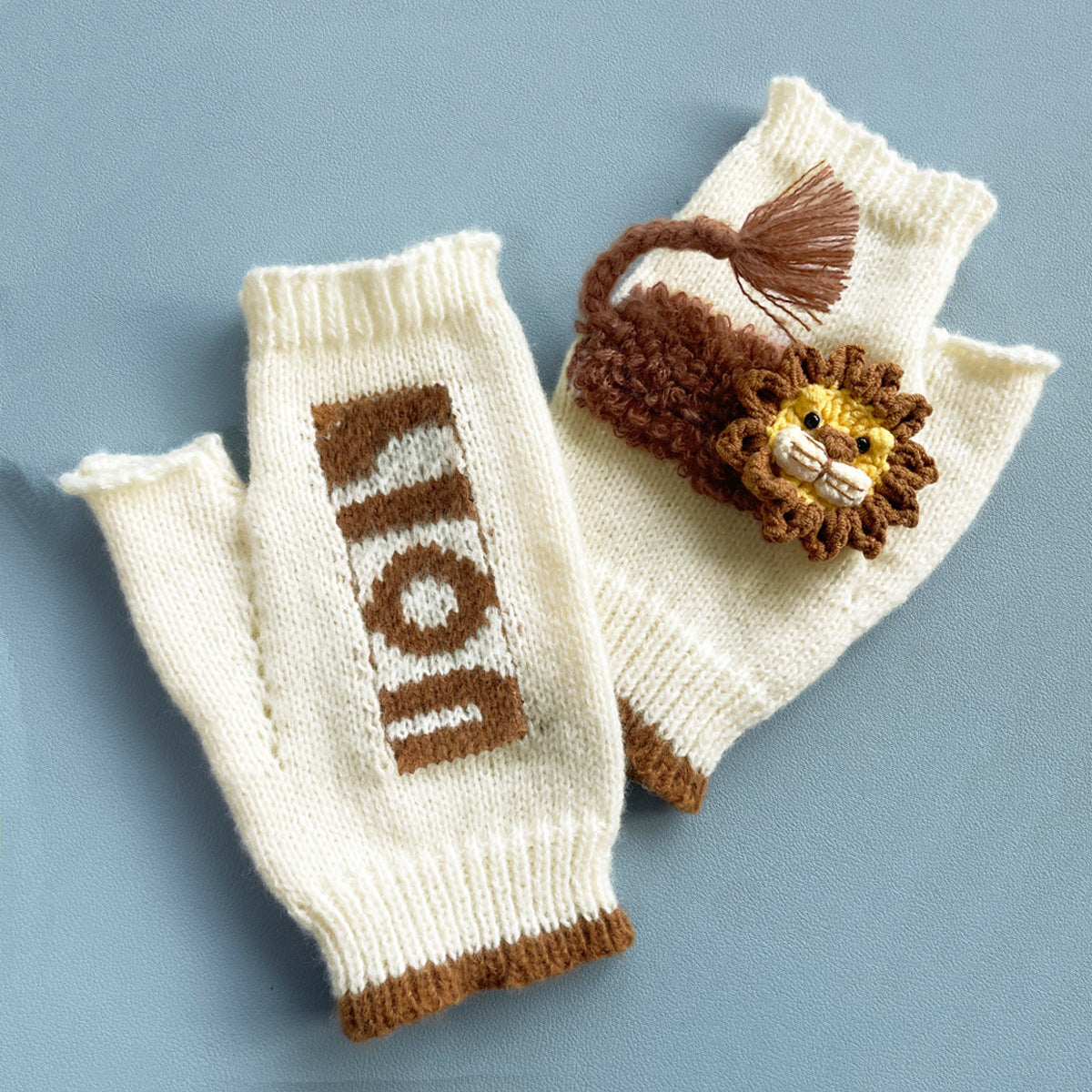 Crochet Lion Fingerless Gloves - Beige