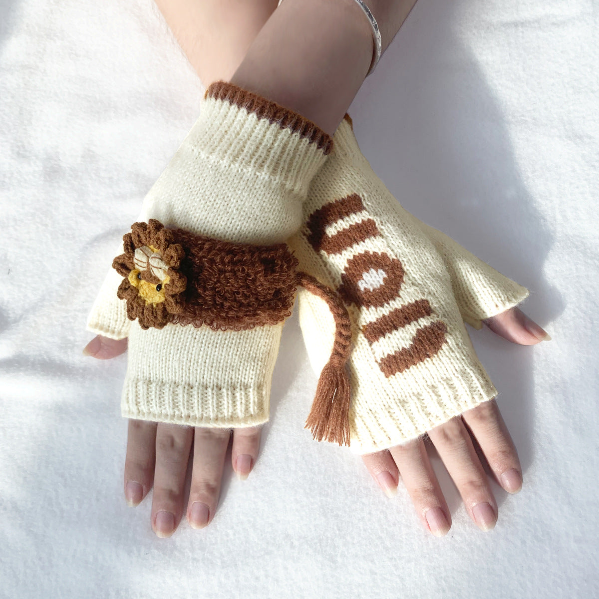 Crochet Lion Fingerless Gloves - Beige - 1