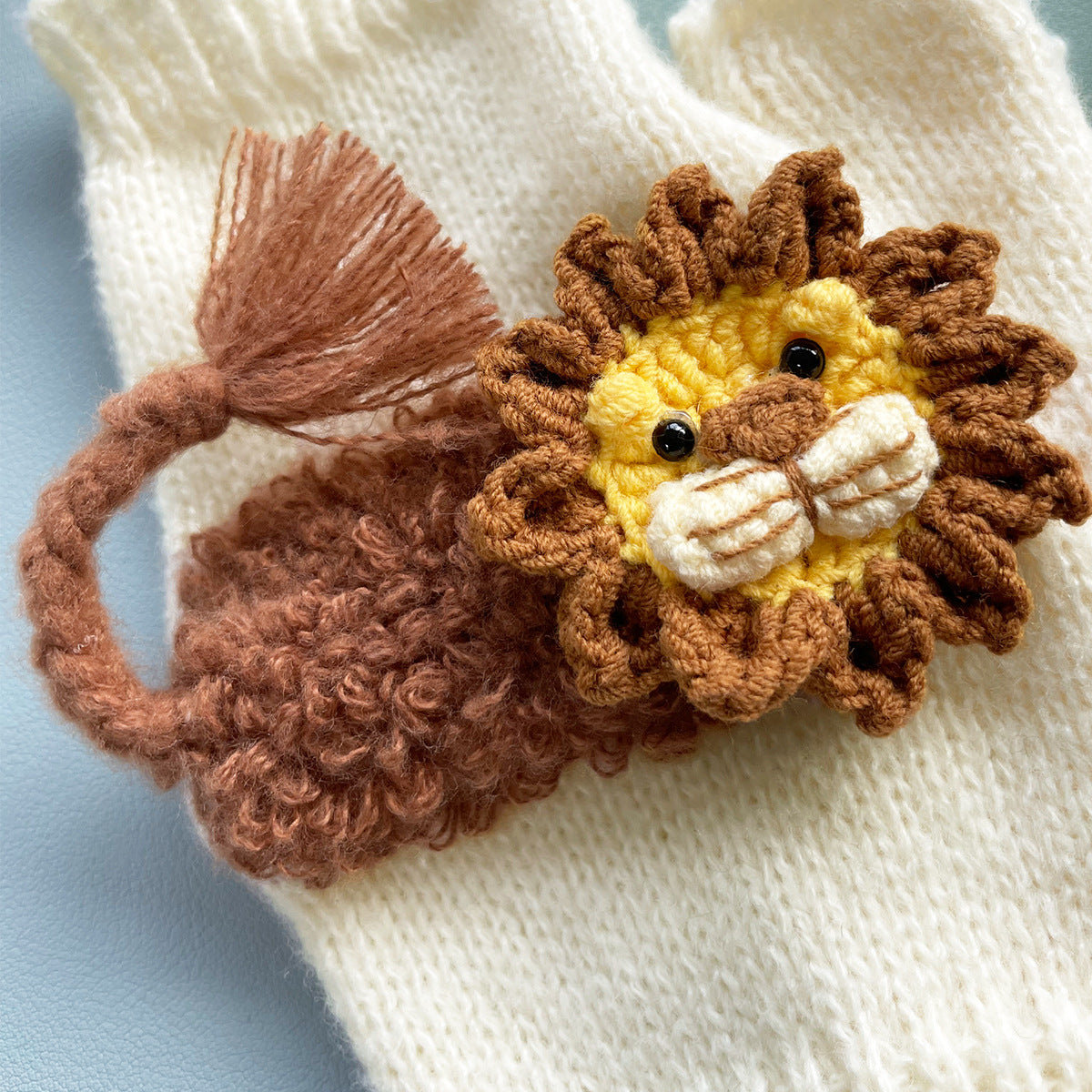 Crochet Lion Fingerless Gloves - Beige - 2