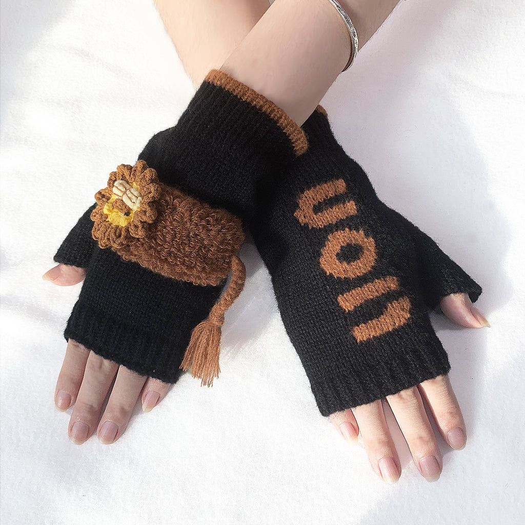 Crochet Lion Fingerless Gloves - Black