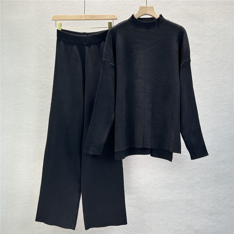 Mock Neck Side Split Sweater And Pant Set - Black