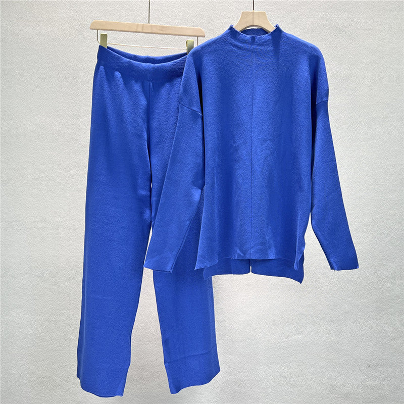 Mock Neck Side Split Sweater And Pant Set - Blue