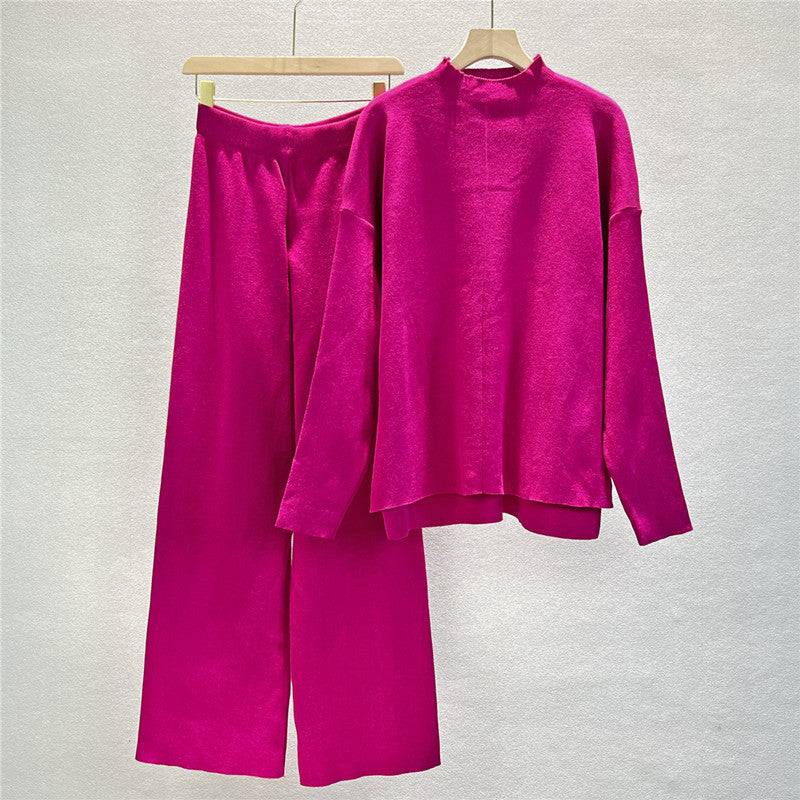 Mock Neck Side Split Sweater And Pant Set - Hot_pink