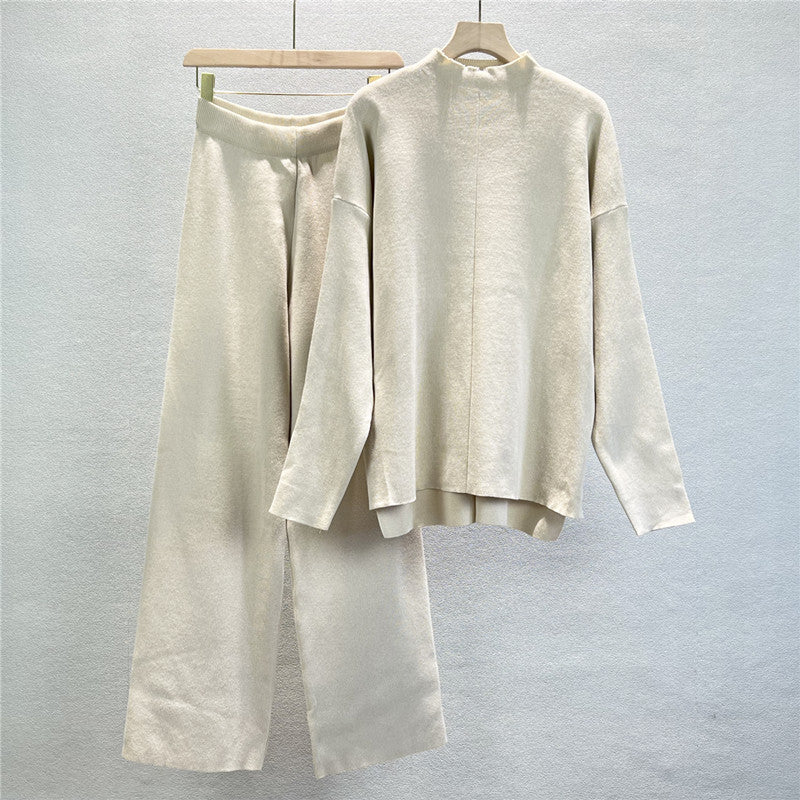 Mock Neck Side Split Sweater And Pant Set - Off-White
