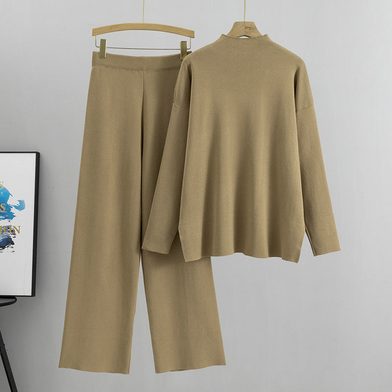 Mock Neck Side Split Sweater And Pant Set - Tan - 1