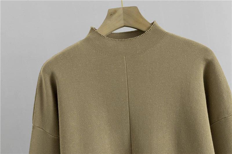 Mock Neck Side Split Sweater And Pant Set - Tan - 7