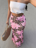 Ruched Floral Leopard Print Fishtail Maxi Skirt - Pink