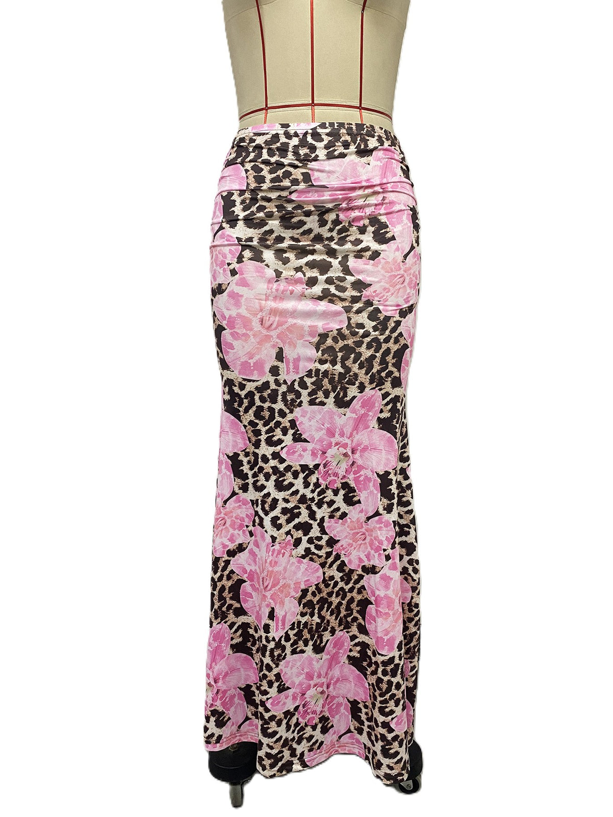 Ruched Floral Leopard Print Fishtail Maxi Skirt - Pink - 1
