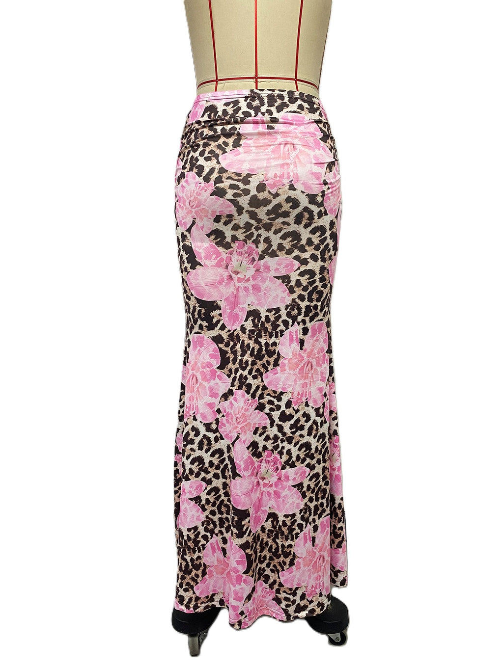 Ruched Floral Leopard Print Fishtail Maxi Skirt - Pink - 2