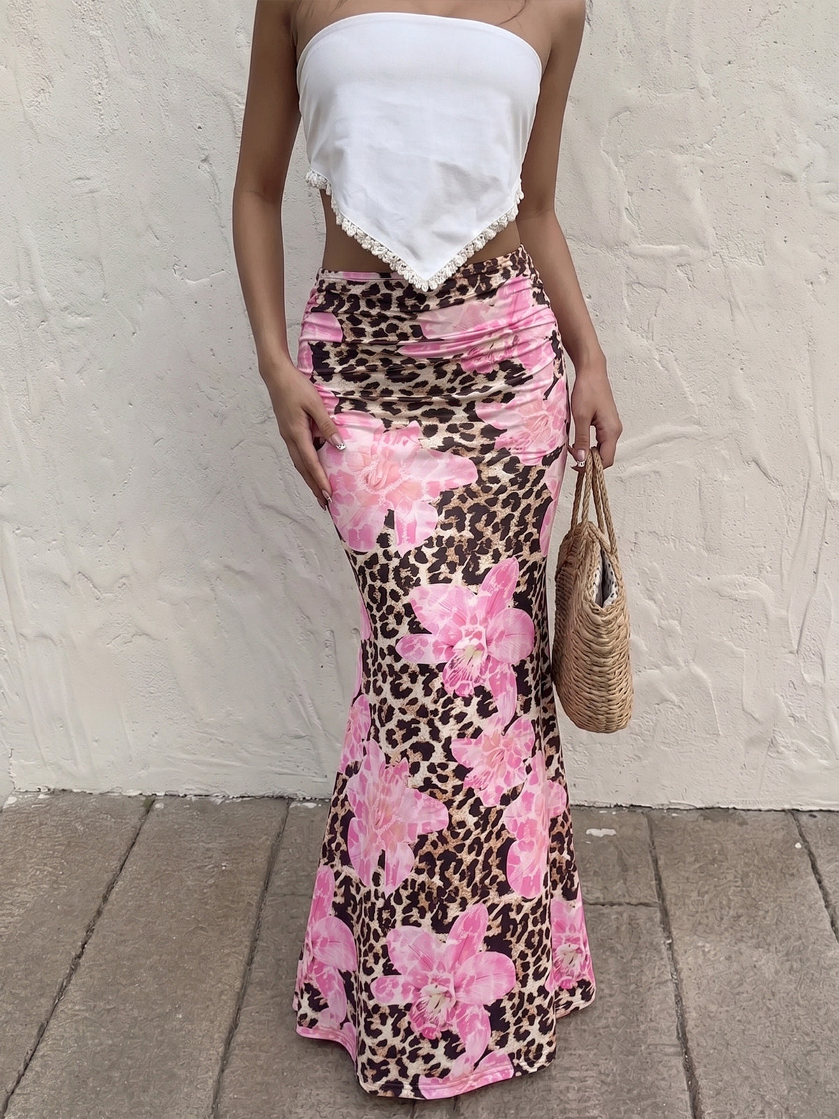 Ruched Floral Leopard Print Fishtail Maxi Skirt - Pink - 4