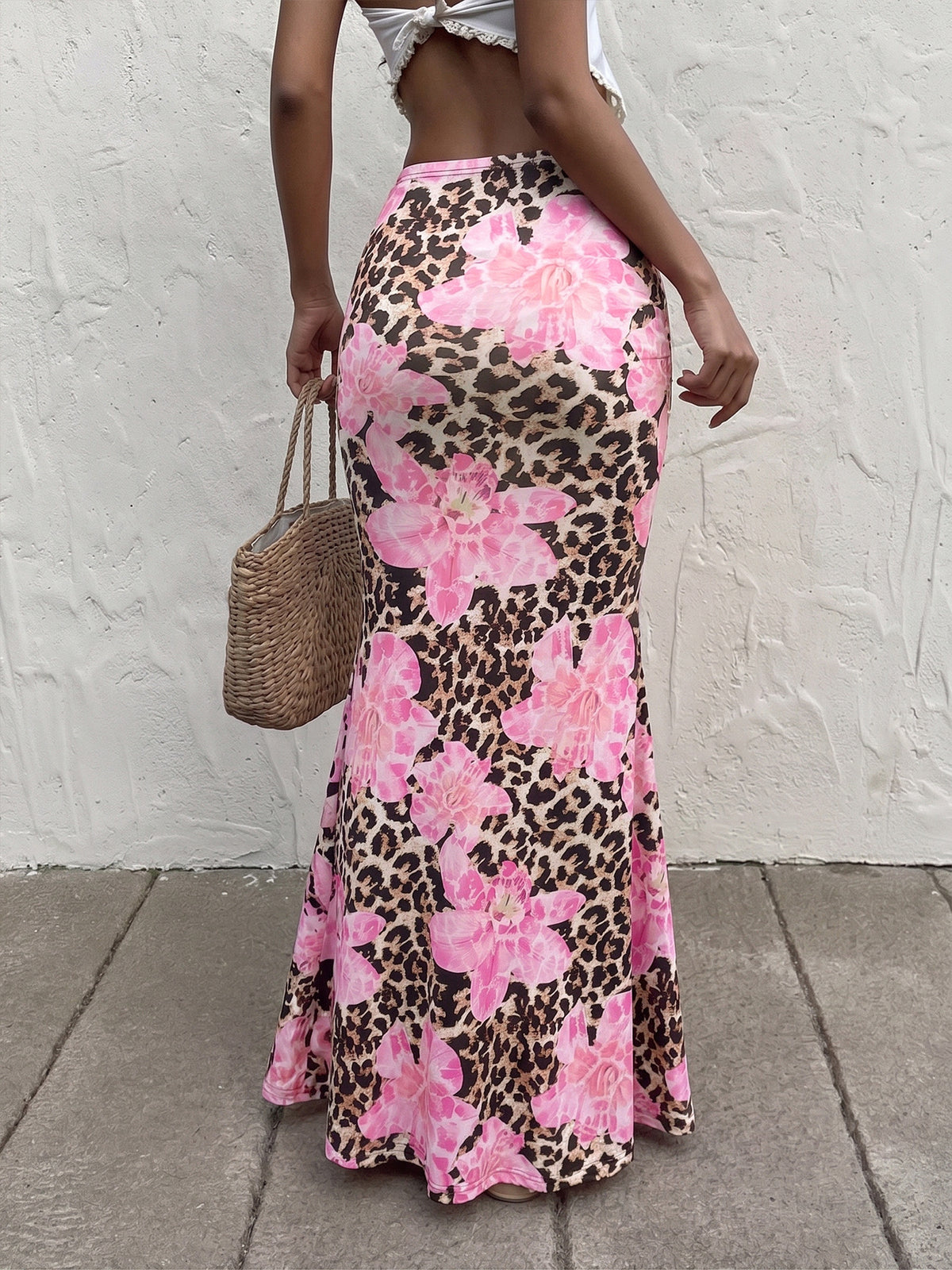 Ruched Floral Leopard Print Fishtail Maxi Skirt - Pink - 5
