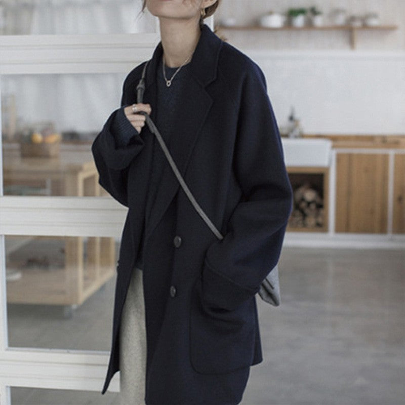 Oversized Double Breasted Wool Patch Pocket Short Coat - Black