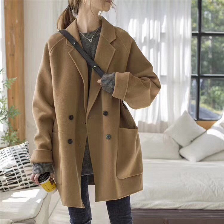 Oversized Double Breasted Wool Patch Pocket Short Coat - Camel