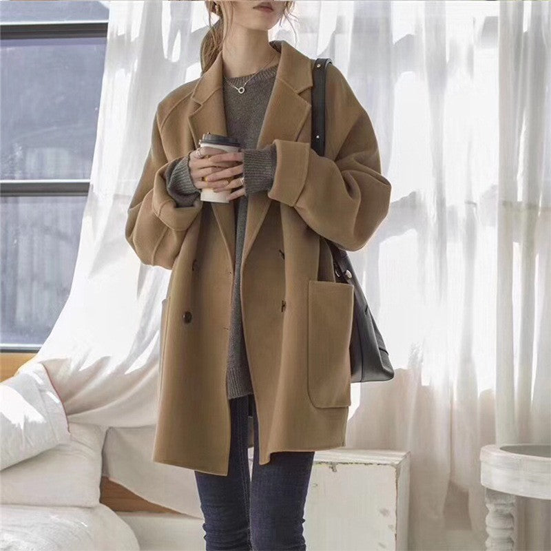 Oversized Double Breasted Wool Patch Pocket Short Coat