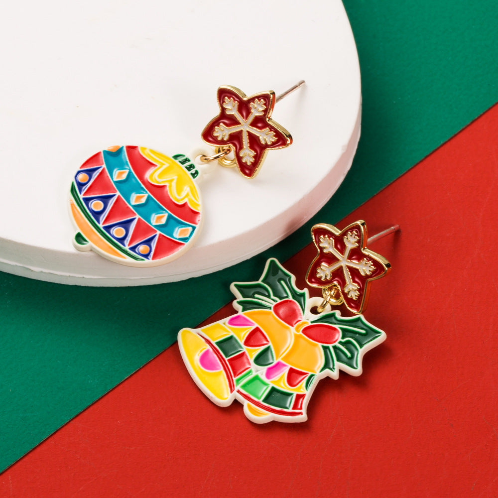 Enamel Santa Hat Tree Earrings - Bell