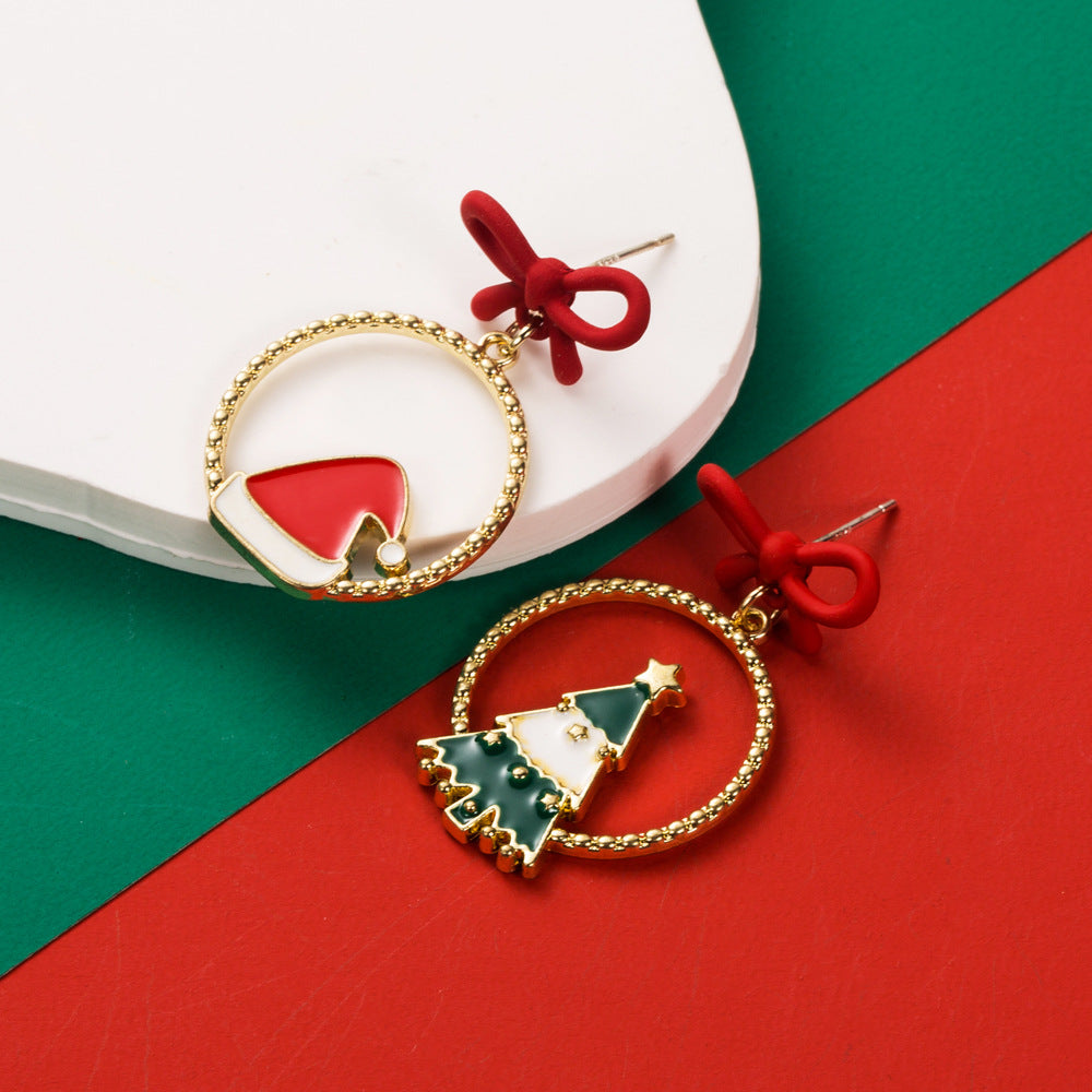 Enamel Santa Hat Tree Earrings - Ring