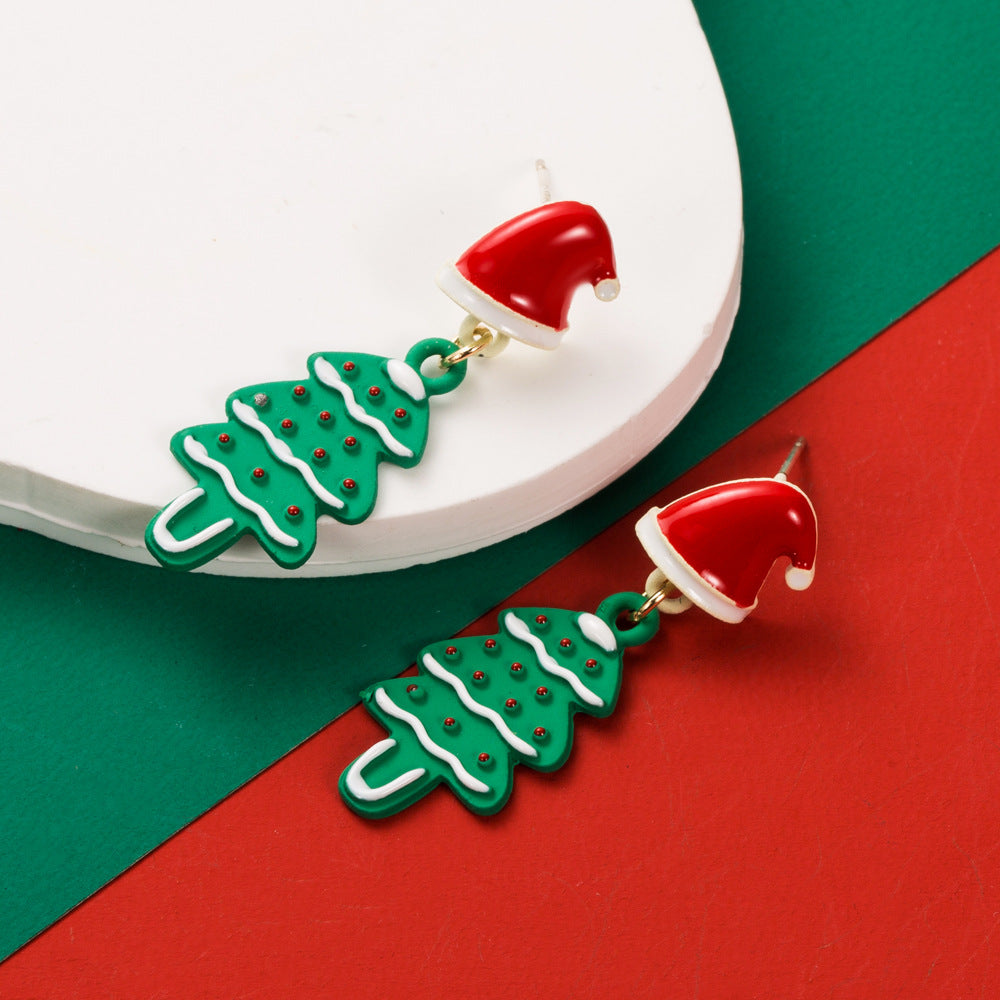Enamel Santa Hat Tree Earrings - Tree