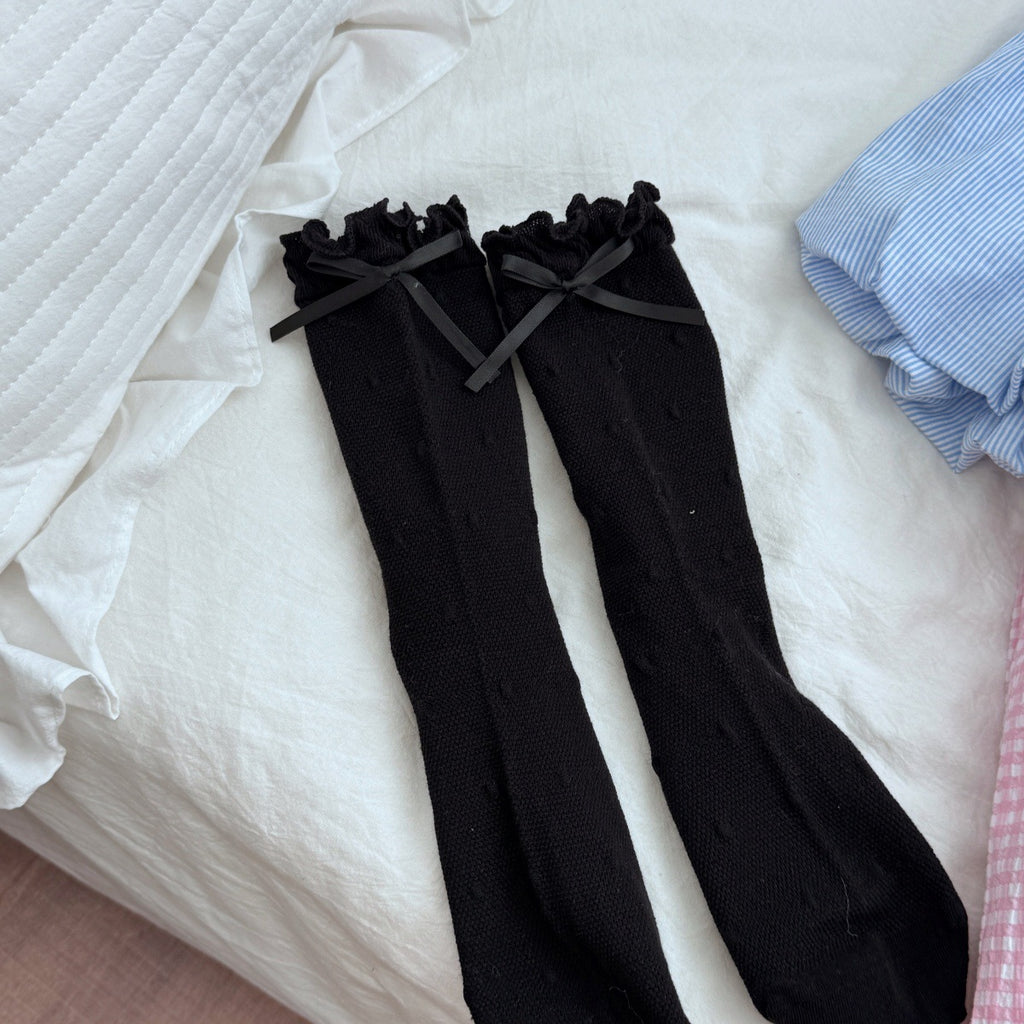 Ruffle Cuff Bow Mid Calf Socks - Black