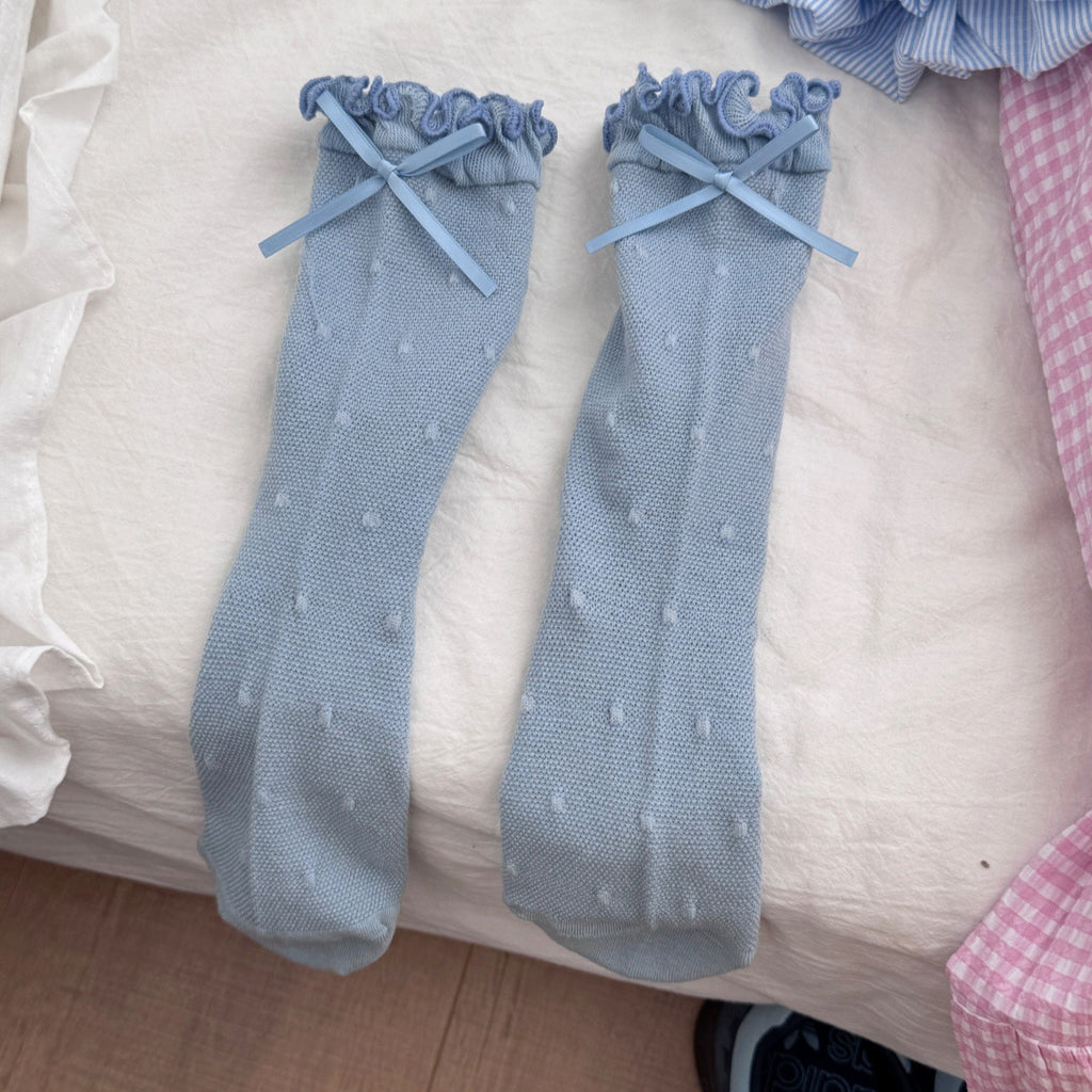 Ruffle Cuff Bow Mid Calf Socks - Blue
