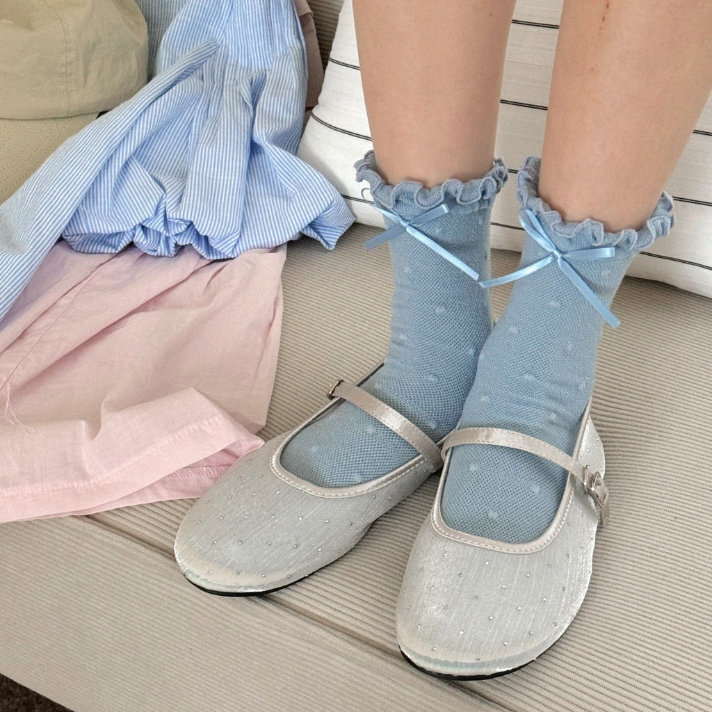 Ruffle Cuff Bow Mid Calf Socks - Blue - 2