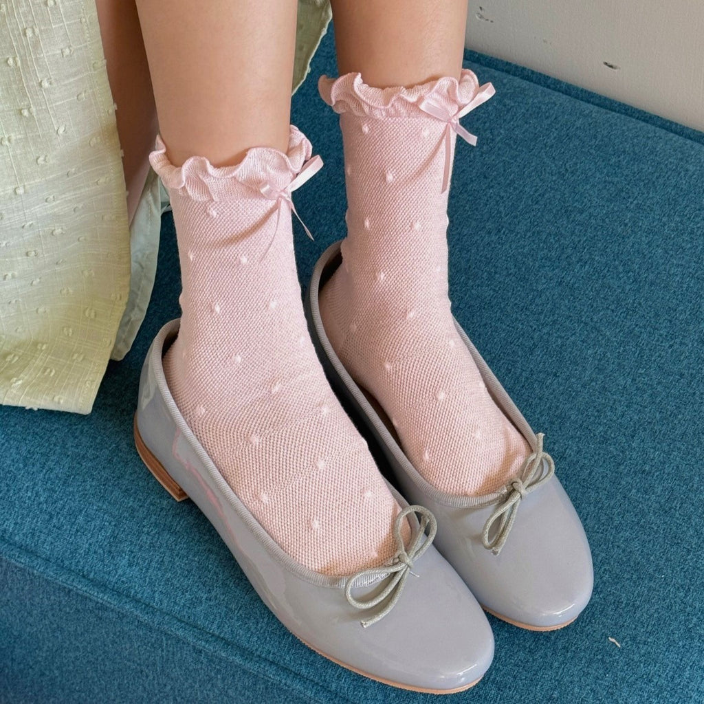 Ruffle Cuff Bow Mid Calf Socks - Pink