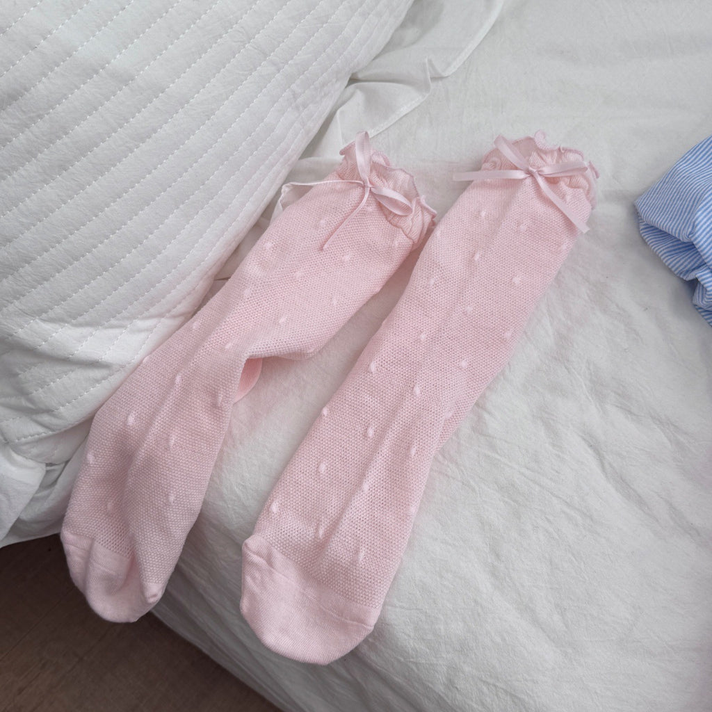 Ruffle Cuff Bow Mid Calf Socks - Pink - 1