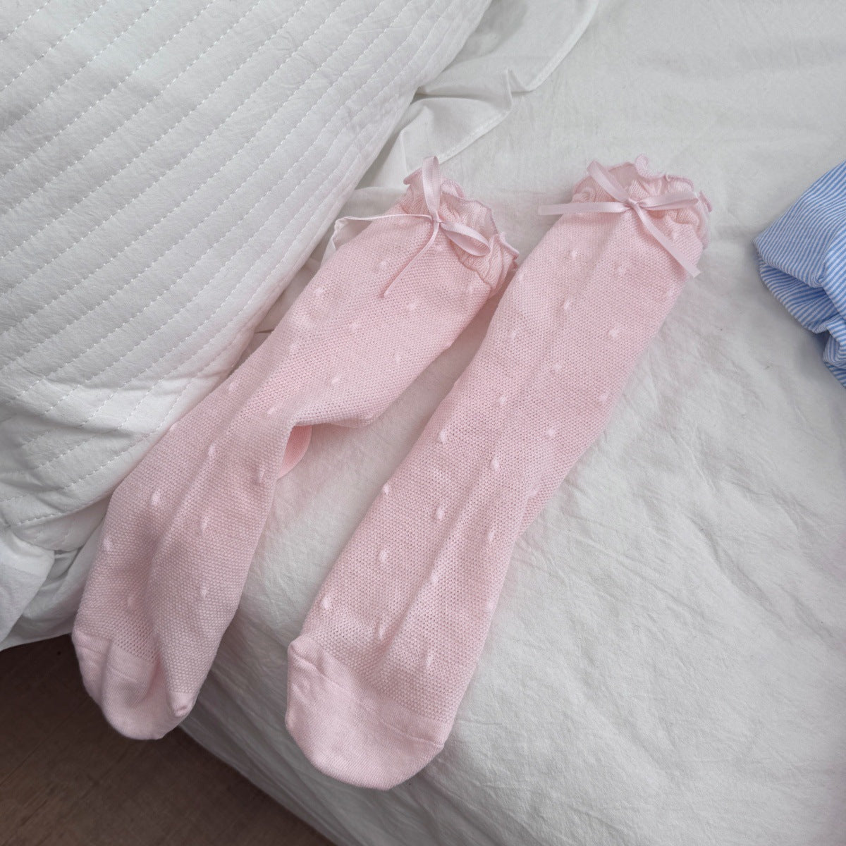 Ruffle Cuff Bow Mid Calf Socks - Pink - 1