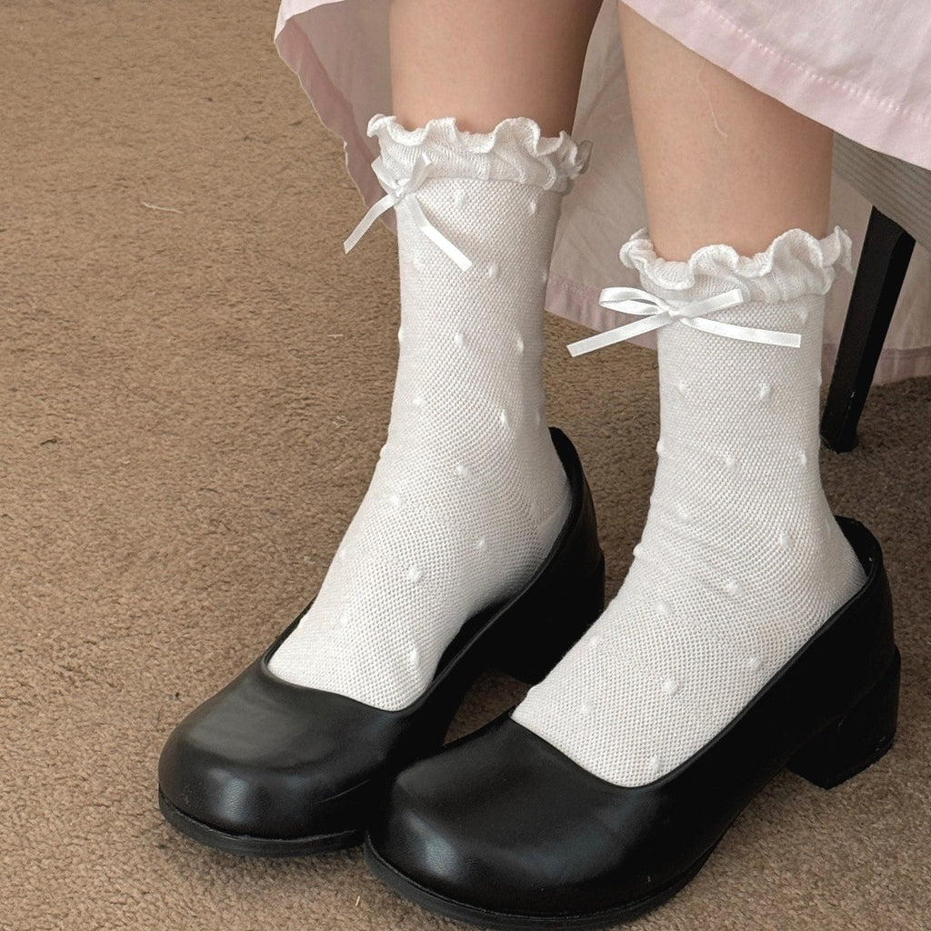 Ruffle Cuff Bow Mid Calf Socks - White - 1