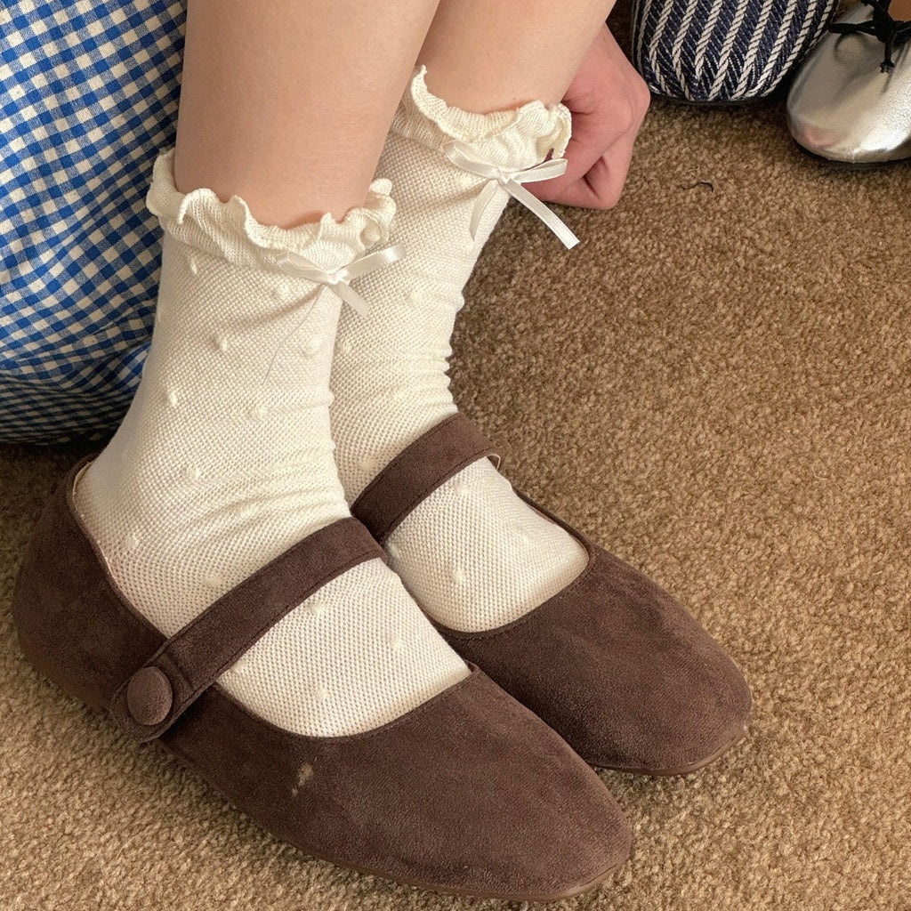 Ruffle Cuff Bow Mid Calf Socks - Yellow - 1