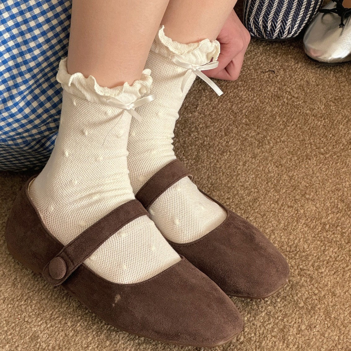 Ruffle Cuff Bow Mid Calf Socks - Yellow - 1