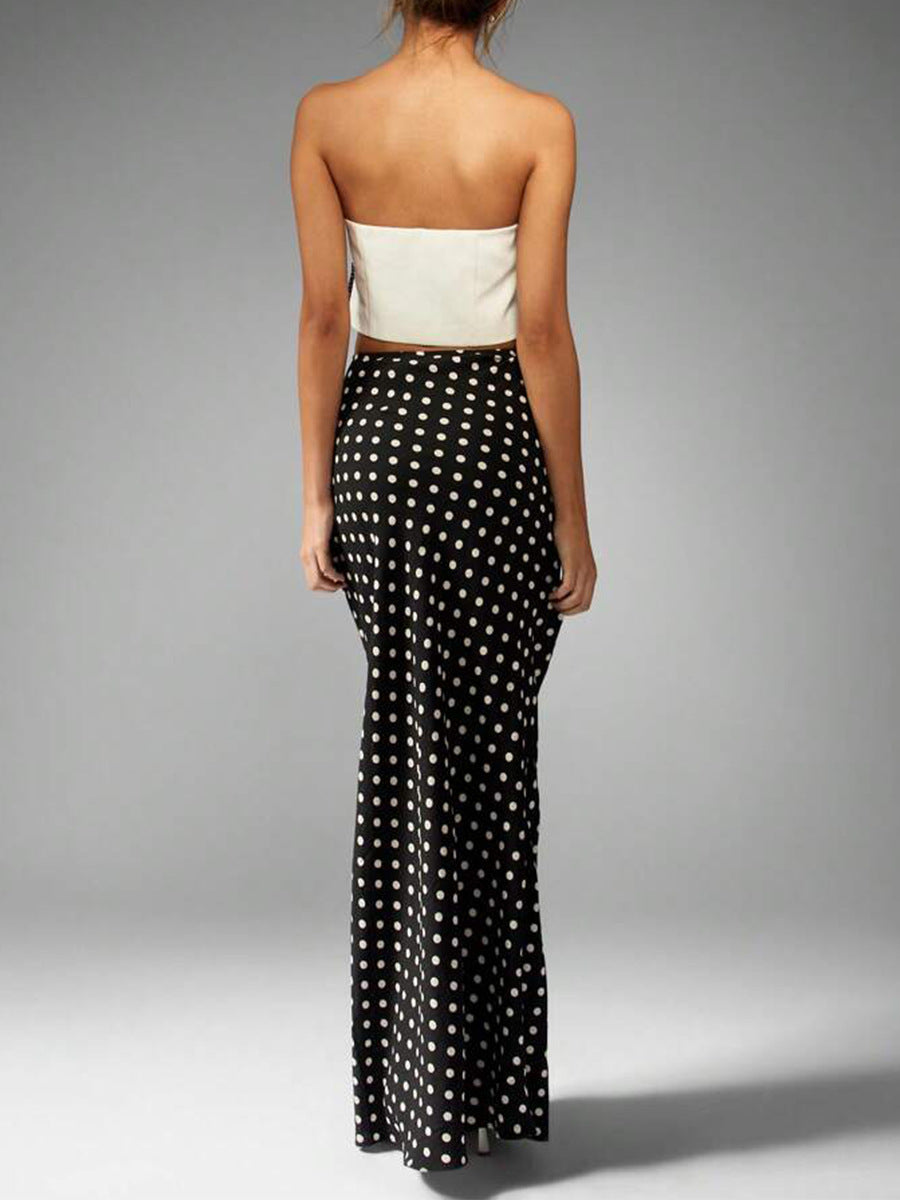 Polka Dot High Waist Maxi Skirt - Black - 1