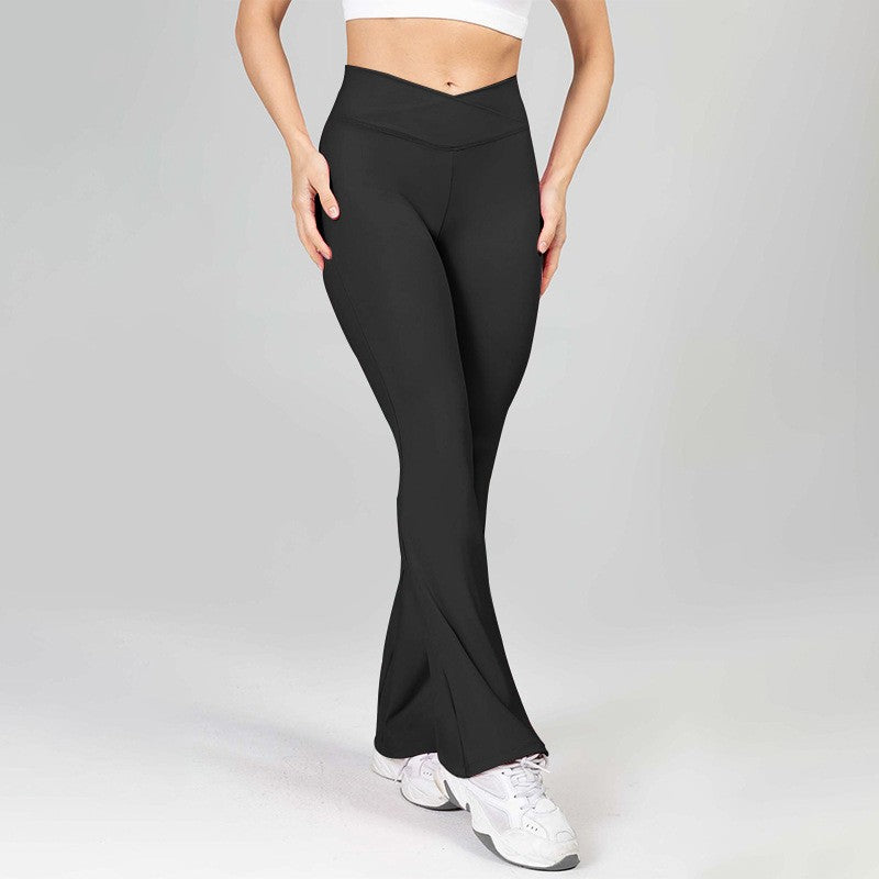 Crossover High Waist Flare Leg Workout Leggings - Black