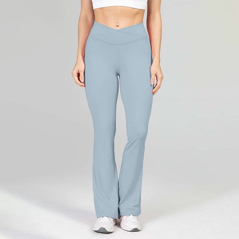 Crossover High Waist Flare Leg Workout Leggings - Dusty Blue