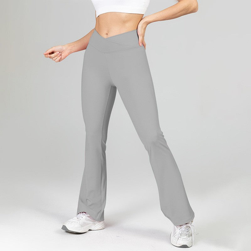 Crossover High Waist Flare Leg Workout Leggings - Gray