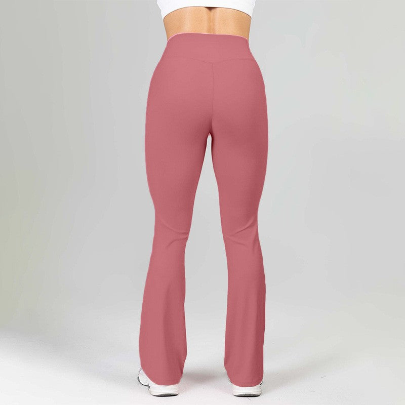 Crossover High Waist Flare Leg Workout Leggings - Rose Pocket