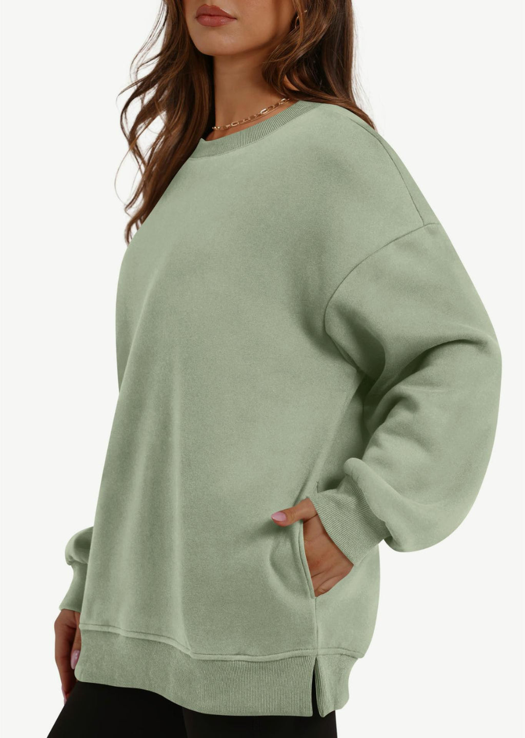 Oversized Crewneck Sweatshirt With Pockets - Green - 2