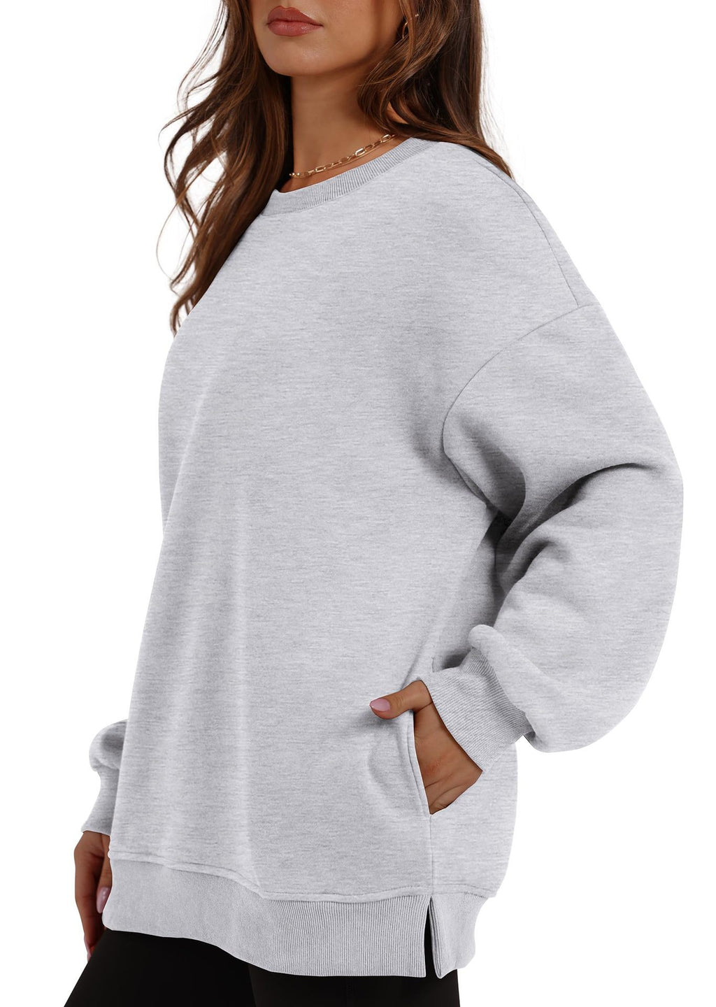 Oversized Crewneck Sweatshirt With Pockets - Grey - 1