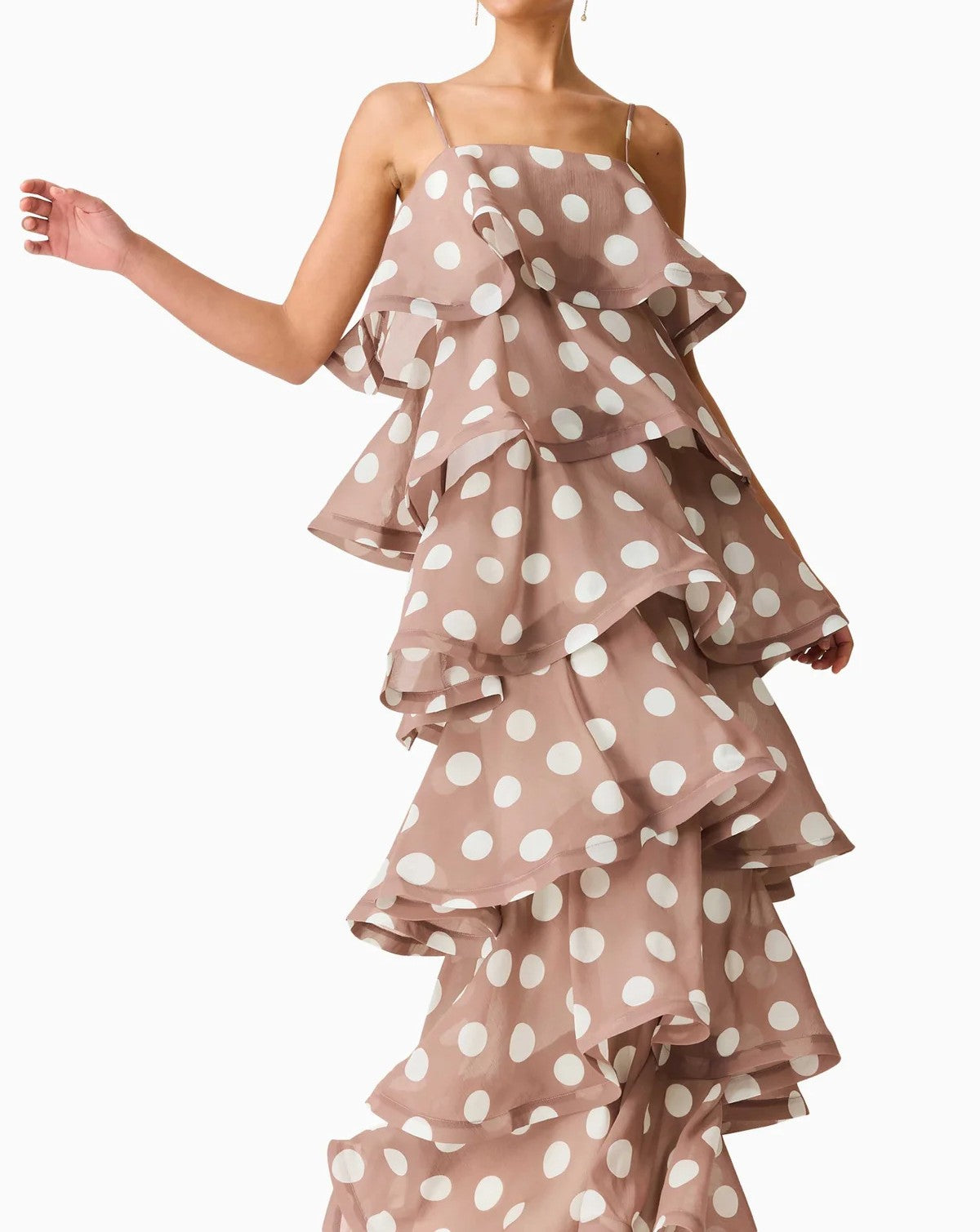Polka Dot Tiered Ruffle Maxi Dress - Camel