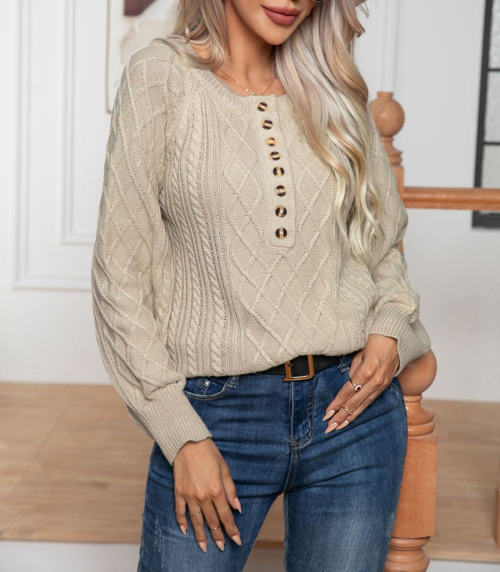 Cable Knit Button Placket Balloon Sleeve Sweater - Apricot - 7