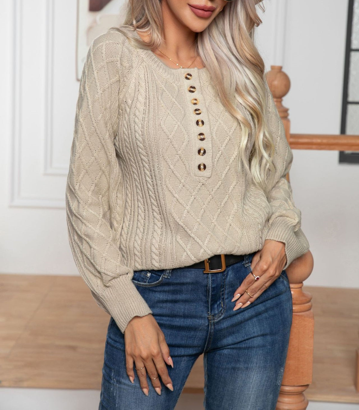 Cable Knit Button Placket Balloon Sleeve Sweater - Apricot - 7