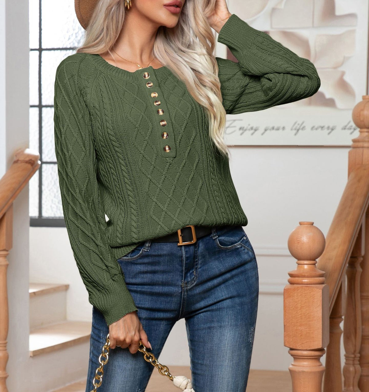 Cable Knit Button Placket Balloon Sleeve Sweater - Green - 1
