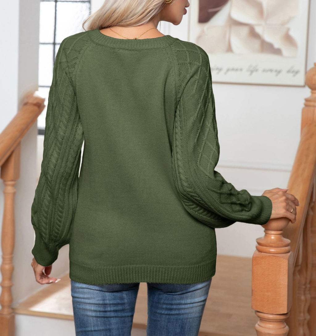 Cable Knit Button Placket Balloon Sleeve Sweater - Green - 2