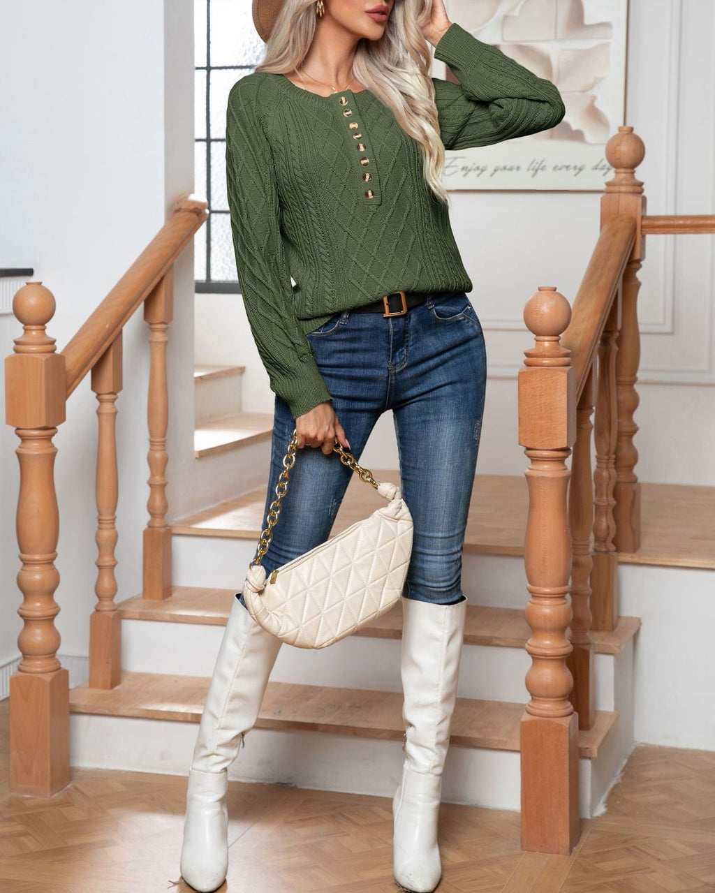 Cable Knit Button Placket Balloon Sleeve Sweater - Green - 3